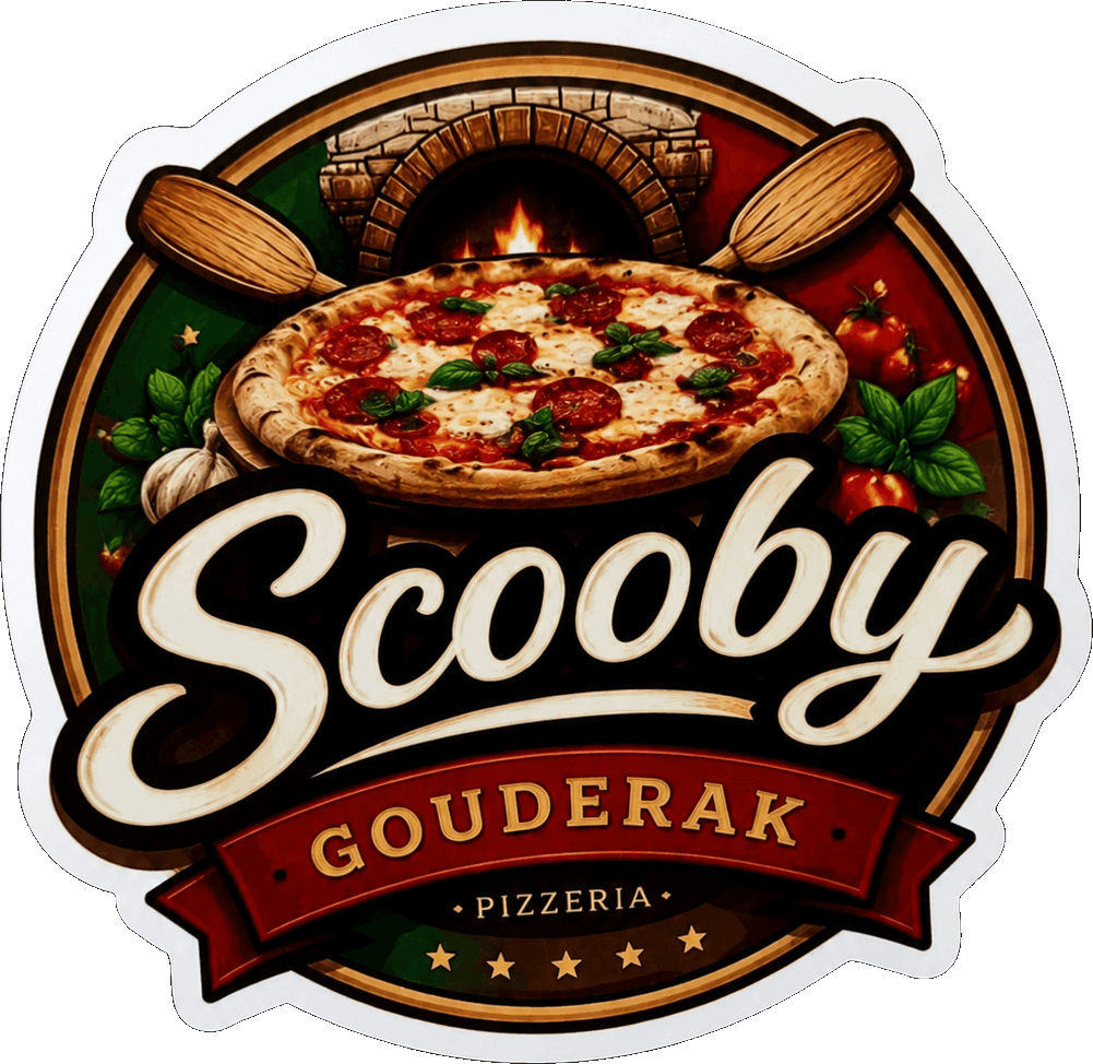 Logo van Pizzeria Scooby Gouderak: verse pizza in een Italiaanse steenoven